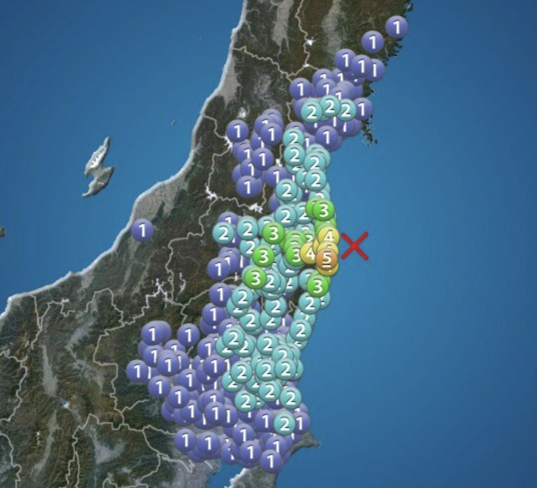 ▲日本時間今天下午3時19分（台灣時間下午2時19分）許，福島縣外海觀測到規模5.1地震，福島縣楢葉町觀測到震度5弱。（圖／翻攝自ウェザーニュース）