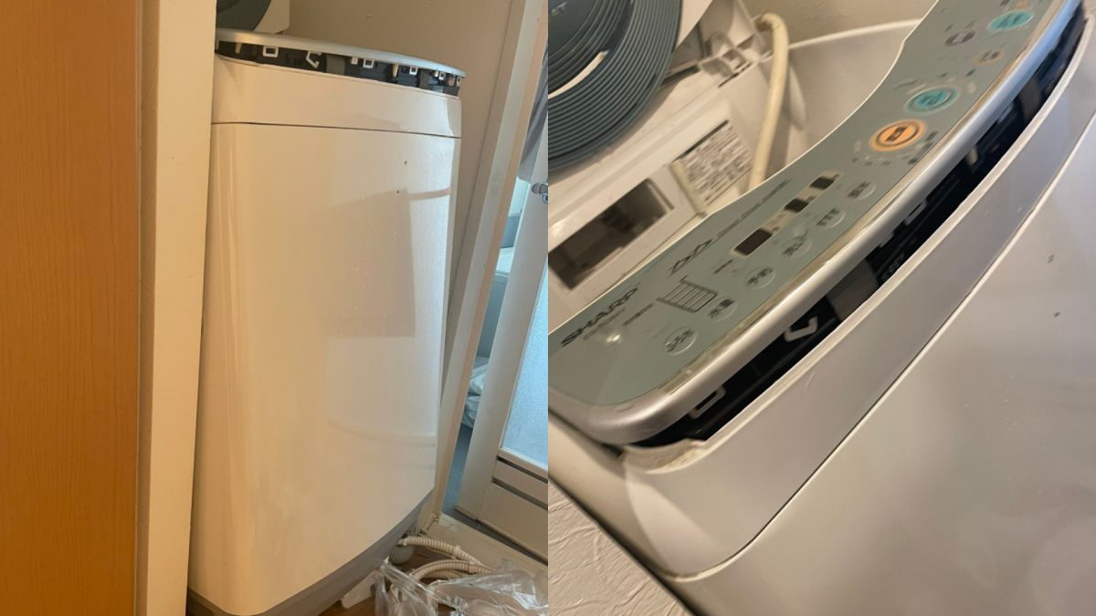 ▲日本主播家裡的洗衣機運轉一半突然炸裂，而找出「禍因」更令她傻眼。（圖／翻攝Twitter@takagikiyoka）