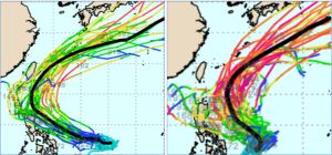 ▲吳德榮指出，歐洲(左圖)或美國(右圖)系集模式均顯示，颱風模擬路徑大多在台灣東側海面大迴轉，但距離遠近仍得再觀察。（圖／翻攝自weathernerds）