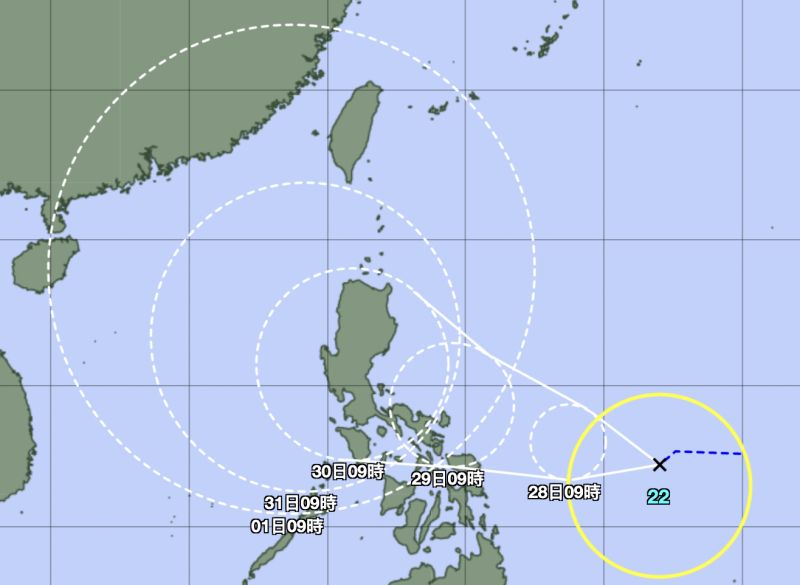 ▲日前位於菲律賓東方海面的熱帶性低壓（TD27），今（27）日早上已正式發展成為今年第22號颱風，中文譯名為「奈格」。（圖／翻攝自日本氣象聽）