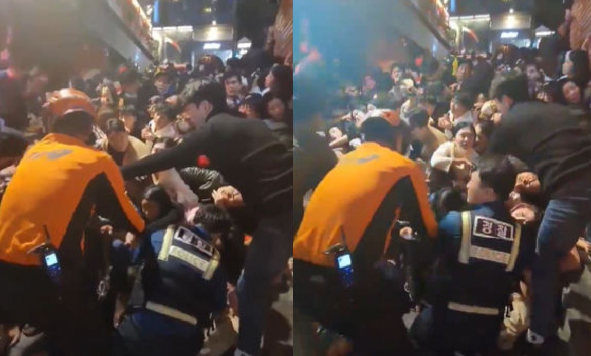 ▲梨泰院踩踏事件起因畫面曝光，堆疊的人體填滿2層樓，完全動彈不得。（圖／翻攝自推特／@ha_hello__）