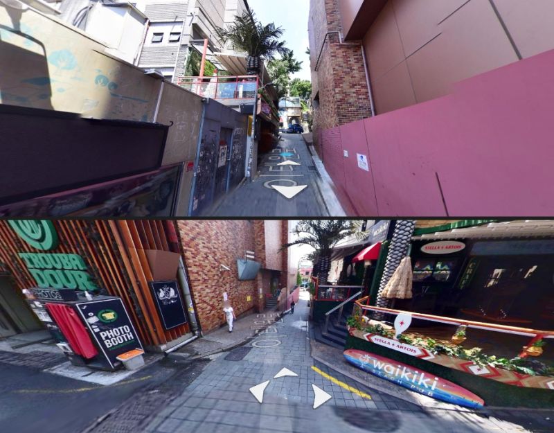 ▲網友找到梨泰院踩踏事件地點,發現該條巷子又窄且還是下坡路段。(圖/Google Map)