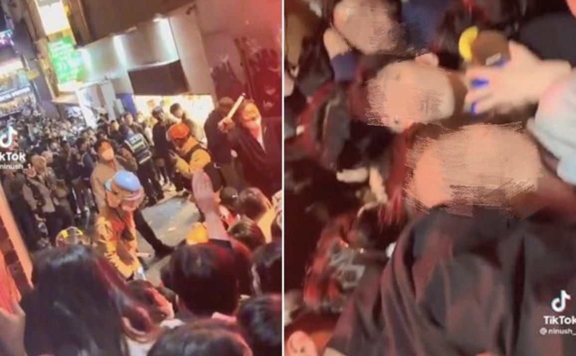 ▲梨泰院踩踏事故窄巷前端視角曝光，多人被擠到表情痛苦，也有許多人早已斷氣。（圖/Tik Tok@izoned26）