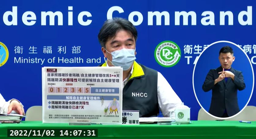 ▲指揮官王必勝宣布，11月14日起確診者居家照護日期改為「5＋N」，隔離完五天後，快篩陰性即可解除隔離。（圖／翻攝指揮中心直播）