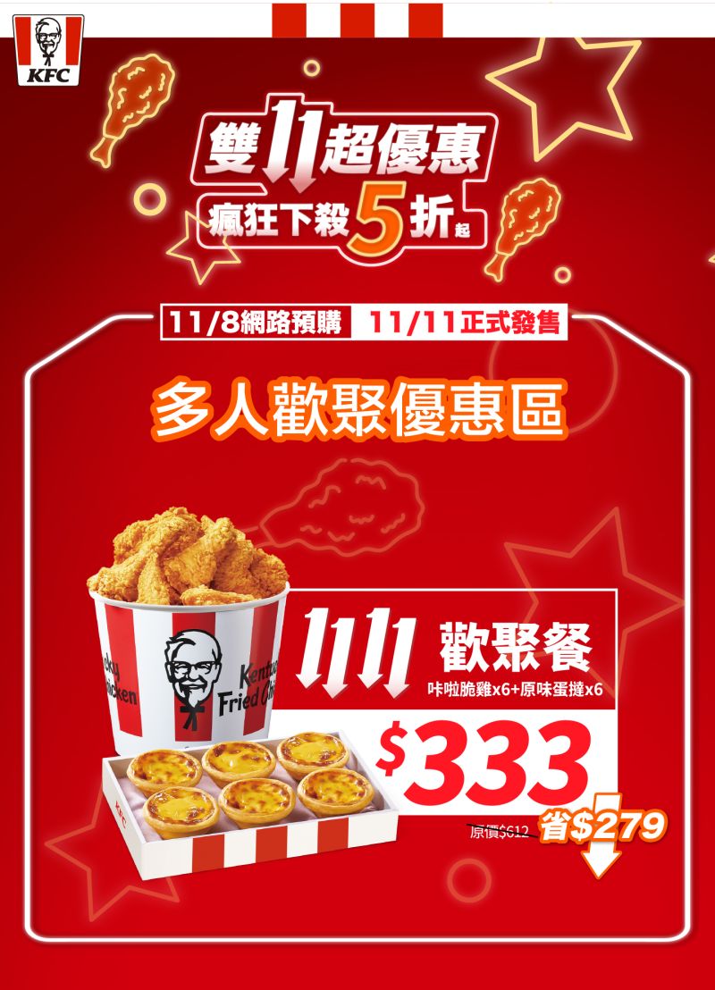▲肯德基雙11限定優惠!第二波11/8官網可以搶先預購「1111歡聚餐」,咔啦脆雞 x 6+原味蛋撻 x 6,只要333元。(圖/肯德基提供)