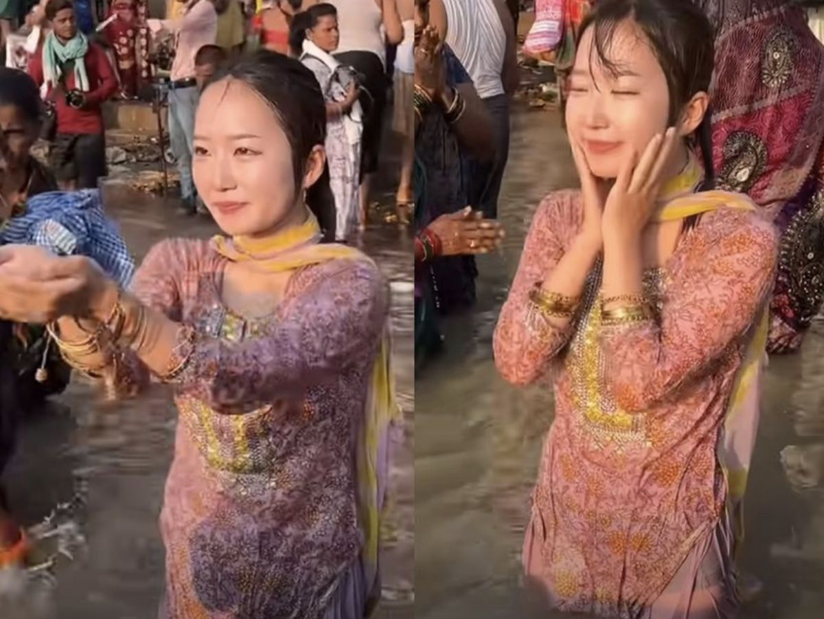 ▲日本YouTuber 「めぐみこ」學習印度人在恆河的淨身習俗，事後身體嚴重不適。（圖／翻攝自YouTube影片）
