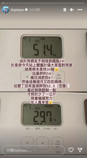 ▲林佩瑤體脂數逼近30%。（圖／翻攝自林佩瑤IG）