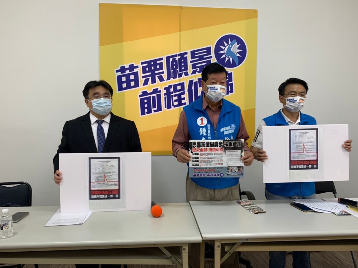 ▲苗栗縣長候選人鍾東錦競選總部執行長徐廷琮、新聞發言人洪志彥，，召開「訴諸司法端正選風，告發散佈不實黑函意圖使人不當選」記者會。（圖／品牌提供）
