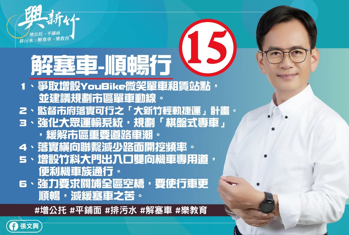 ▲新竹市東區市議員候選人張文興提出政見：解塞車、順暢行。（圖/張文興團隊提供）