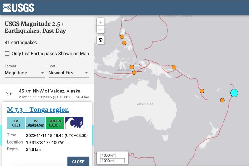 ▲美國地質調查所(USGS)表示,南太平洋島國東加王國(Tonga region)今(11)日下午台灣時間6點48分發生規模7.3強震。(圖/翻攝自美國地質調查所網站)