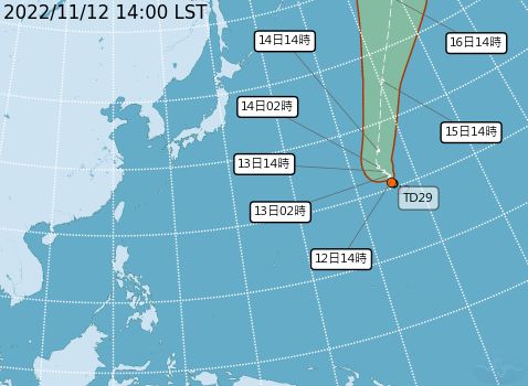 ▲今（12）日早上台灣東邊海面上有熱帶性低氣壓生成（TD29），預估它在24小時內會發展為颱風，不過距離台灣遙遠，毫無影響。（圖／中央氣象局提供）