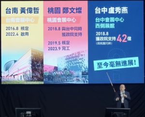 ▲蘇貞昌說，與台中同期的桃園會展中心，明年9月將要完工。（圖／蔡其昌競總提供，2022.11.13）
