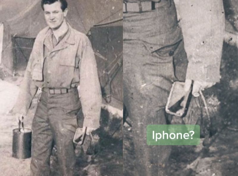 ▲國外一名網友認為祖父在二戰時期照片手上拿的很可能是一支iPhone。（圖/Tik Tok@jimmythefilmmaker）