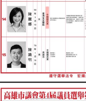 ▲高雄市地方選舉公報日前正式上線，第十選區候選人陳麗娜推薦政黨欄位為「中國國民黨」，對照陳麗娜稱自己是「無黨」，被選舉公報再次打臉。（圖／記者郭凱杰翻攝）