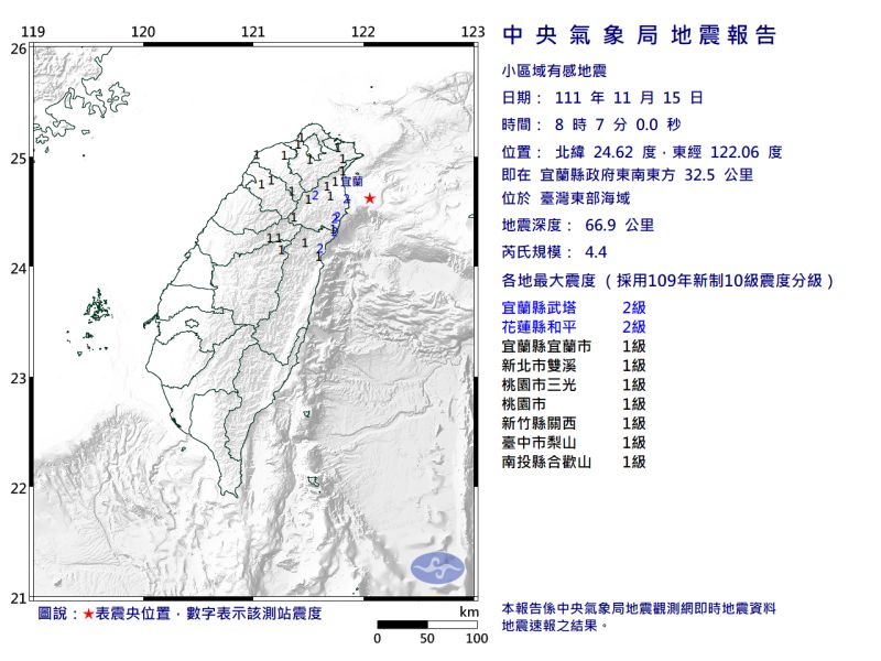 ▲今（15）日上午8點07分，台灣東部海域發生芮氏規模4.4的有感地震。（圖／氣象局提供）