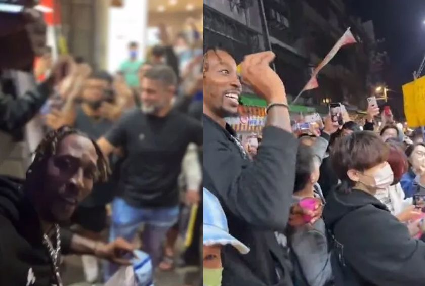 ▲前NBA超級球星霍華德（Dwight Howard）加盟T1桃園雲豹後，14日無預警現身桃園夜市，吸引大批民眾圍觀。（圖/IG@Dwight Howard）