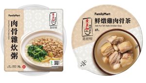 ▲黃亞細聯名肉骨雜炊粥70元、鮮燉雞肉骨茶69元。（圖／全家提供）