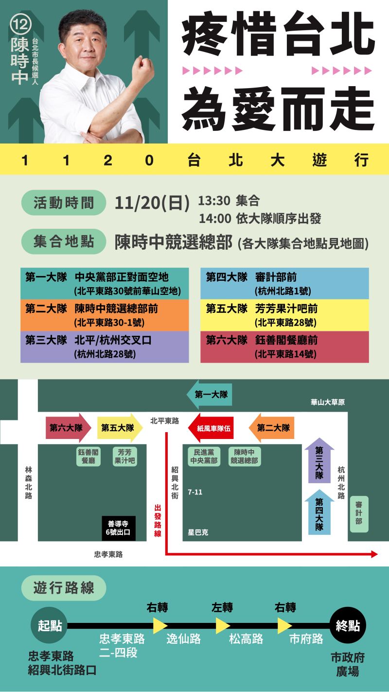 ▲陳時中將於周日舉行「疼惜台北、為愛而走」大遊行,與市民共組6大隊,一路自陳時中總部走到台北市政府。(圖/陳時中辦公室提供)