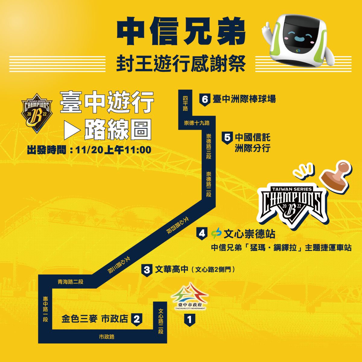 ▲中信兄弟棒球隊創下二連霸，11月20日在台中市區盛大舉辦封王遊行(圖／市政府提供2022.11.16)