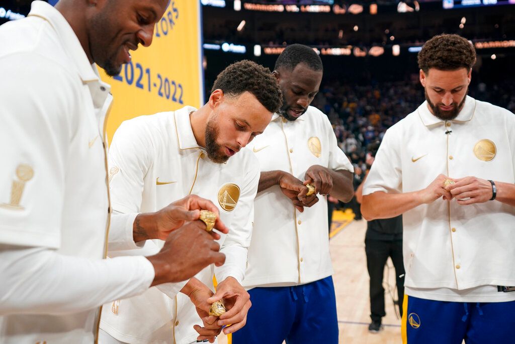 ▲勇士王朝的四位核心成員Steph Curry、Klay Thompson、Draymond Green、Andre Iguodala。（圖／美聯社／達志影像）