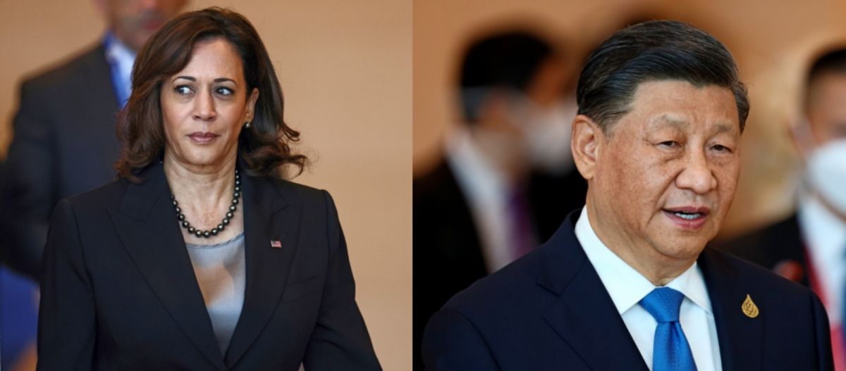 ▲中國國家主席習近平19日在曼谷與美國副總統賀錦麗簡短交談。（圖／美聯社／達志影像）