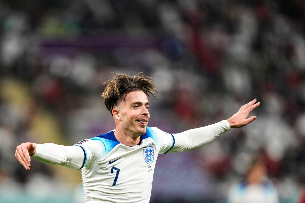 ▲英格蘭中場球員Jack Grealish在踢進第6球後，在場上大跳「蟲蟲舞」。（圖／美聯社／達志影像）