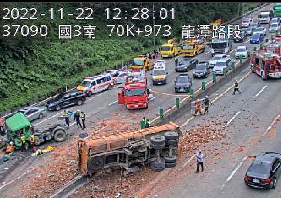 ▲一輛大貨車車斗翻覆，卡在中央護欄上，另外還有3台自小客車、1台小貨車遭潑及。（圖／翻攝國道監視器）