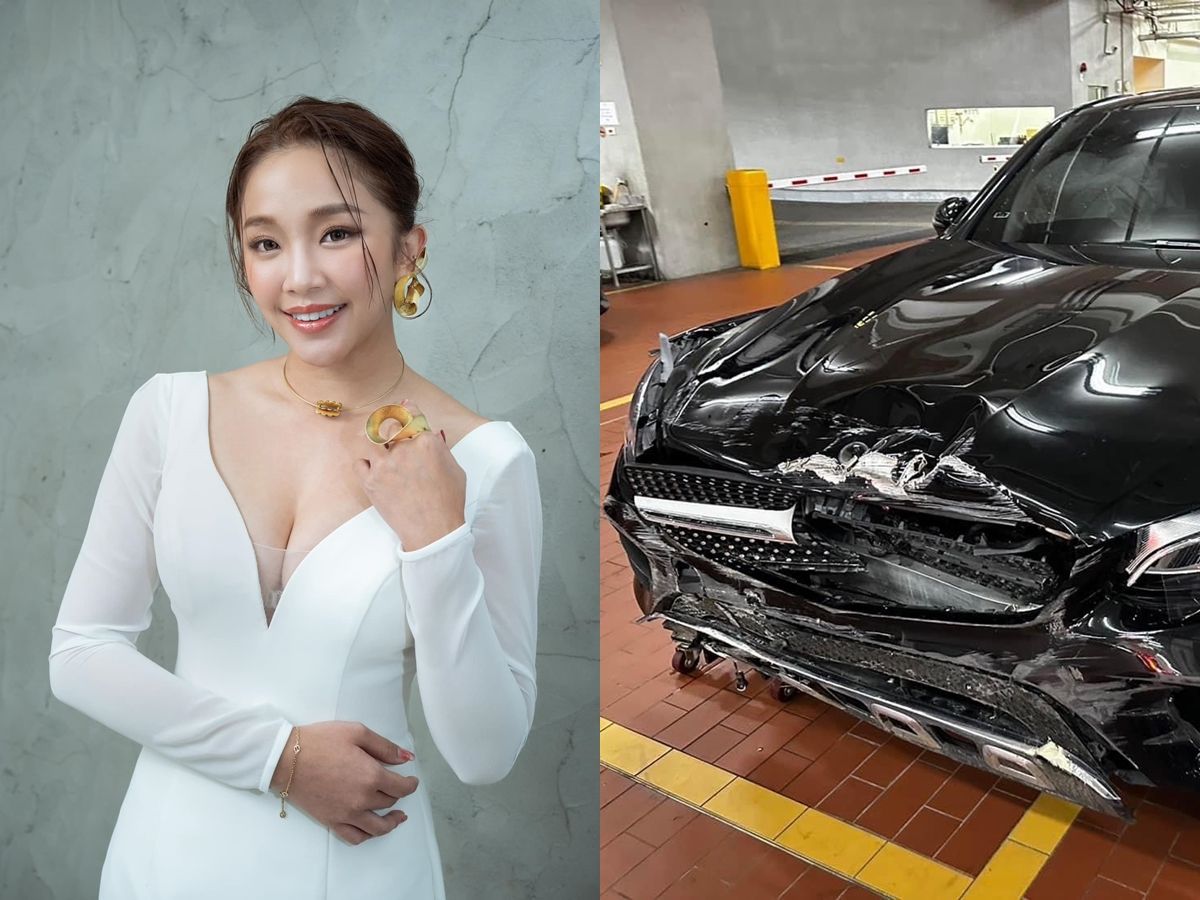 ▲賴慧如雨天開車打滑撞上護欄，愛車車頭全毀。（圖／翻攝賴慧如臉書）