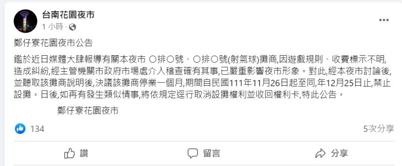 ▲台南市鄭仔寮花園夜市公告，此次引發爭議的射氣球攤，將被停業一個月。（圖／台南花園夜市）