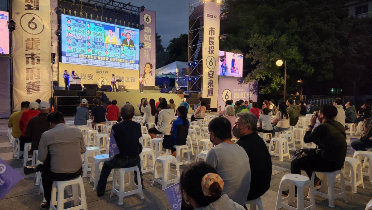 ▲民眾黨新竹市長候選人高虹安今（26）日晚間在孔廟前廣場，舉辦開票活動，選民邊聽歌、邊看開票。（圖／記者李琦瑋攝，2022.11.26）