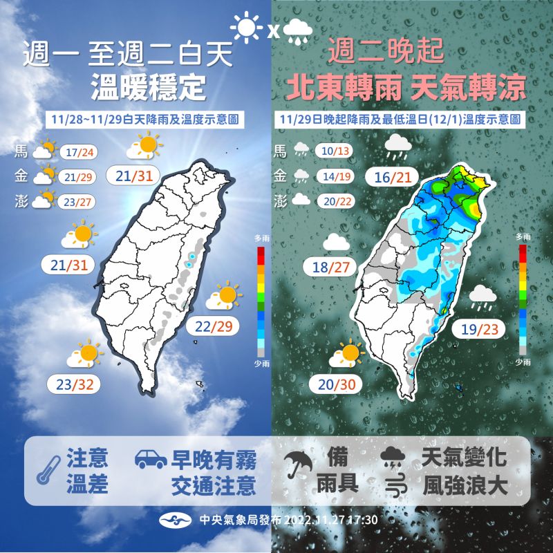 ▲中央氣象局預估，週二晚間起受到鋒面通過及東北季風影響，各地氣溫會明顯下滑，預計週四將是冷空氣影響最明顯時間，北部地區低溫下探攝氏16度。（圖／中央氣象局提供）