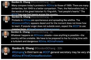 ▲中國問題專家章家敦（Gordon G. Chang）在推特發文評論中國的反封控抗議。（圖／翻攝自推特）