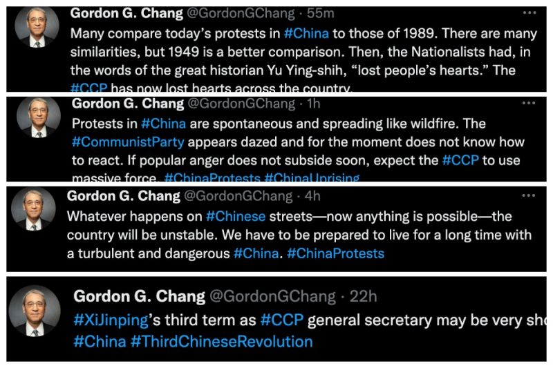 ▲中國問題專家章家敦(Gordon G. Chang)在推特發文評論中國的反封控抗議。(圖/翻攝自推特)