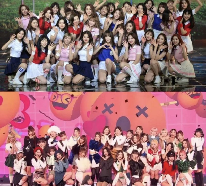 ▲TWICE過去與三代女團們一起翻跳少女時代的歌曲（上），如今5個新人女團也翻跳TWICE的歌曲，象徵世代交替（下）。（圖/KBS WORLD TV/Mnet K-POP）