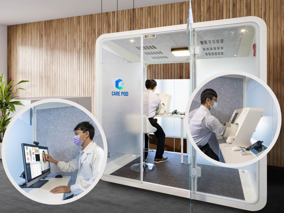 ▲達擎於醫療科技展中展出「遠距診療艙」，可提供彈性化及客製化功能，節省醫生和病患的精力及時間。（圖／友達提供）