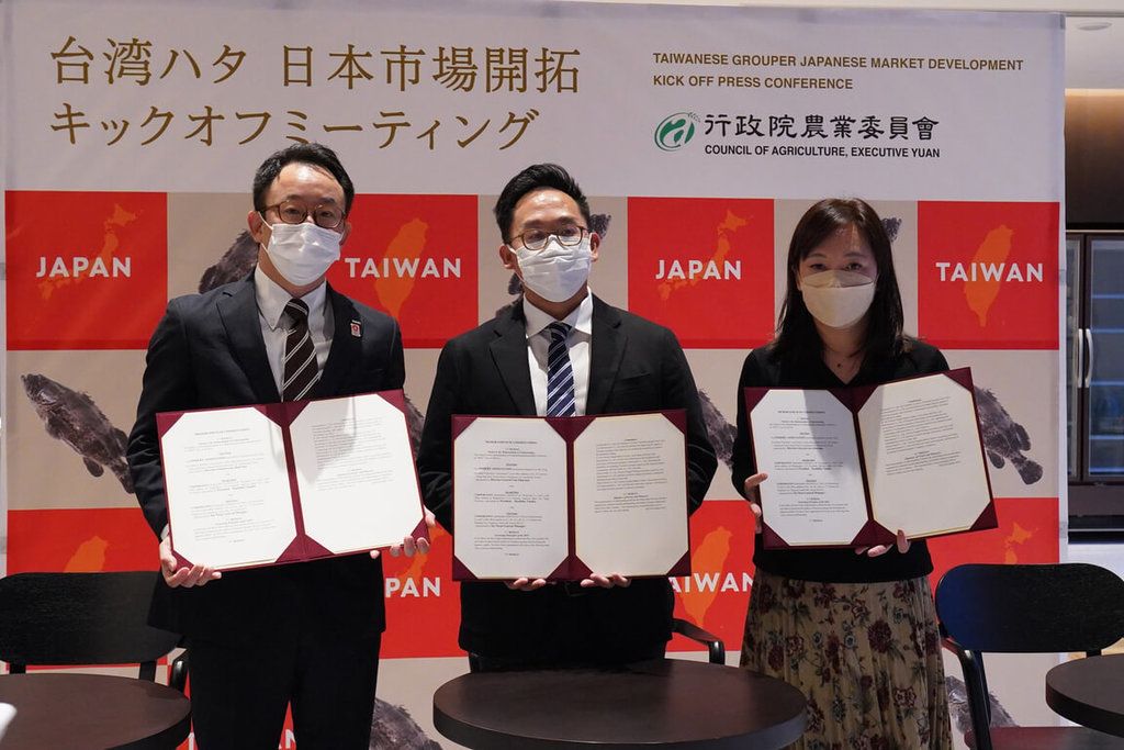 ▲農委會表示，栗煬國際公司、高雄市興達港區漁會及日本藏壽司公司30日在東京簽署採購備忘錄，藏壽司將採購台灣冷凍石斑魚切片，在日本各家連鎖門市推出台灣石斑魚料理商品。（圖／農委會提供 中央社記者楊淑閔傳真 111年11月30日）