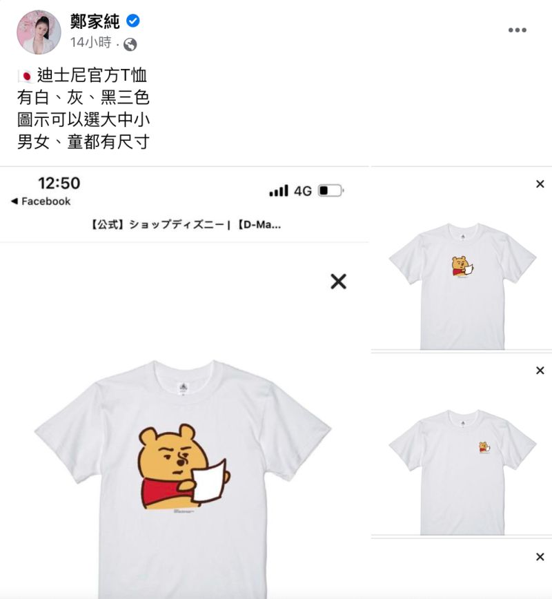▲鄭家純加入「辱華」行列，在臉書分享「小熊維尼拿白紙」的T恤照。（圖／翻攝自鄭家純臉書）