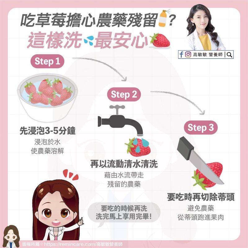 ▲高敏敏分享，吃草莓之前靠這4步驟就能洗乾淨。（圖／翻攝自臉書粉專「高敏敏 營養師 」）