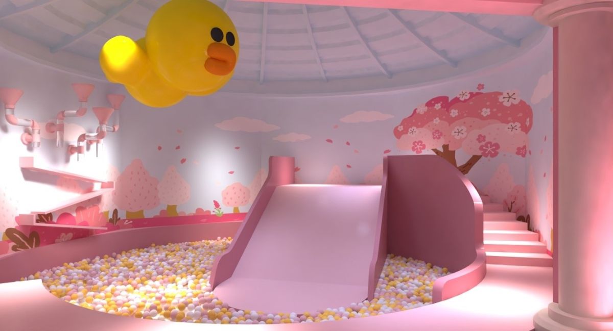 ▲台灣獨家唯一「LINE FRIENDS TOWN熊大的麗寶小鎮」即將在12/30正式開園，內涵7大必玩互動體驗區，像是「莎莉躲貓貓」更是有著大小朋友最愛的巨型溜滑梯、一定會尖叫的繽紛球池。從高處溜下滑梯，投影在溜滑梯上的莎莉們還會隨著花瓣及滑動的速度出現不同的驚喜效果！（圖／麗寶樂園提供）