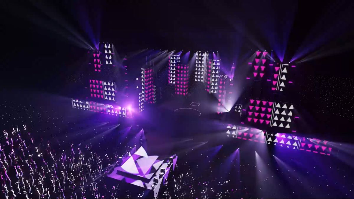 ▲2023高雄跨年《亞灣未來市演唱會》重回夢時代，3D模擬未來式舞台-空拍角度展現氣勢。（圖／高市府提供）