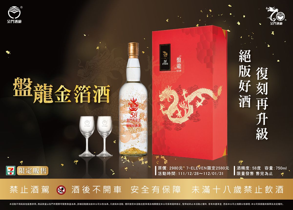 ▲金門高粱酒盤龍金箔酒為金門酒廠建廠70週年系列商品之壓軸絕響、錯過不再。（圖／品牌提供）
