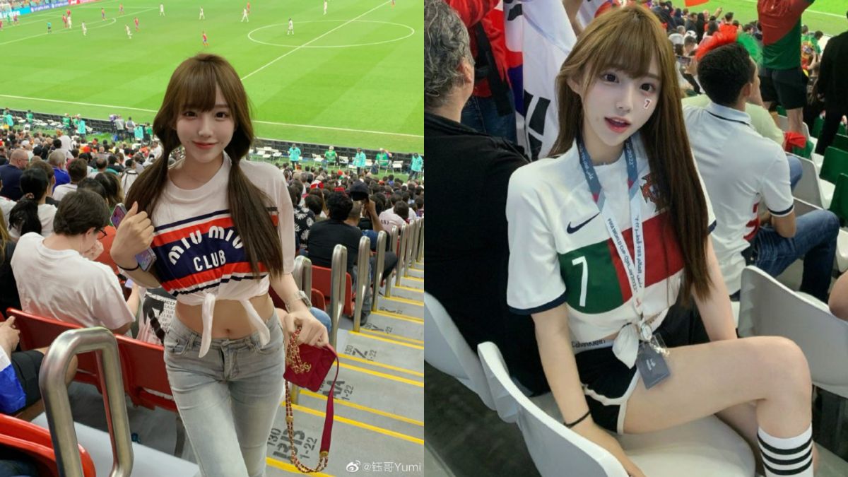 ▲一位正妹飛到卡達看世界盃，在中國瞬間爆紅。（圖／翻攝自鈺哥Yumi微博）