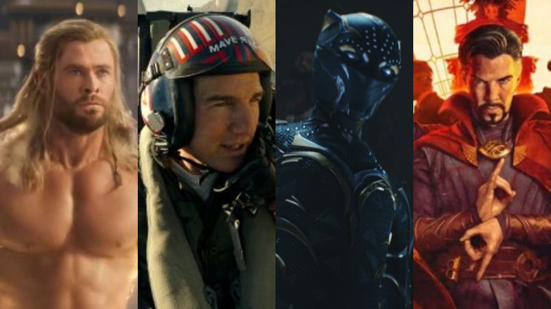 ▲《雷神索爾4：愛與雷霆》（左起）、《捍衛戰士：獨行俠》、《黑豹2：瓦干達萬歲》、《奇異博士2：失控多重宇宙》，皆入圍2022十大全球電影票房。（圖／翻攝自MarvelTW YouTube、UIP、Marvel提供）