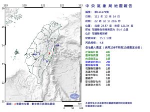 快訊／地牛翻身！22:32花蓮規模4.6地震　最大震度4級
