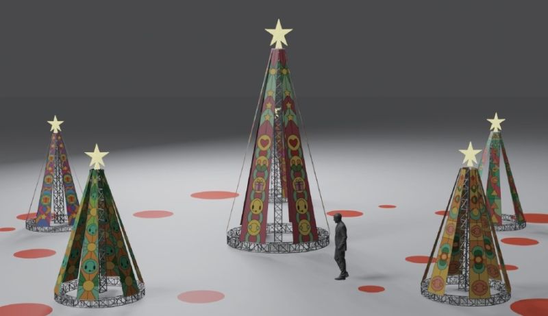 ▲18日晚間7時舉辦網美聖誕樹點燈晚會，現場設計6座彩繪玻璃般的聖誕樹，打造出活潑溫馨場景，（示意圖／民政局提供）