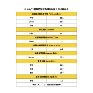 啦啦隊女孩粉絲數。《NOWnews今日新聞》製表。 ▲ 啦啦隊女孩粉絲數。《NOWnews今日新聞》製表。