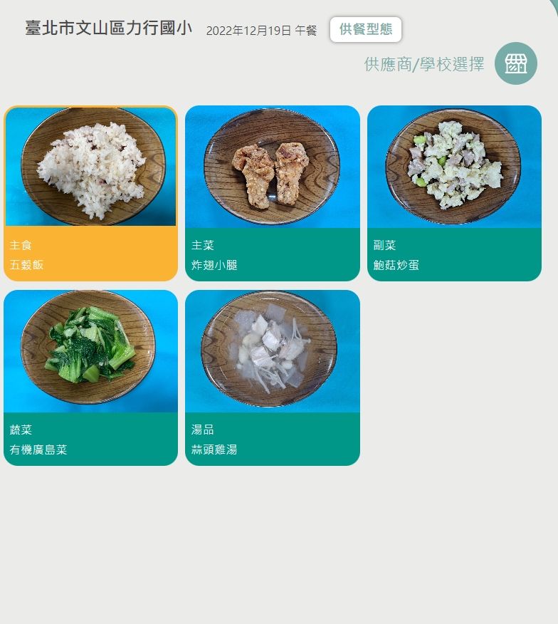 ▲19日主食為五穀飯、主菜「炸翅小腿」、副菜「鮑菇炒蛋」、蔬菜「有機廣島菜」。（圖／翻攝校園食材登錄平台）