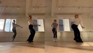 ▲郭雪芙（左）在舞蹈老師（右）身後，跟著老師一起跳NewJeans的《Hype boy》。（圖／翻攝自郭雪芙IG）