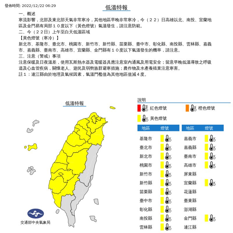 ▲冬至寒流來襲，氣象局持續針對17個縣市發布低溫特報。（圖／中央氣象局提供）