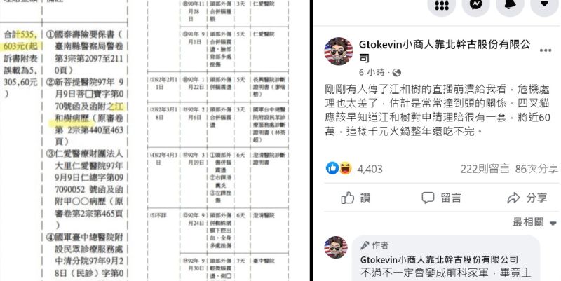 ▲小商人貼出判決文聲援四叉貓,指江和樹「對申請理賠很有一套」,江和樹卻自稱「那些資料是我提供的」。(資料照/小商人臉書,2022.12.23)